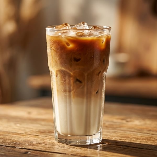 Iced latte with distinct layers of milk and coffee, topped with ice, on a rustic wooden table.