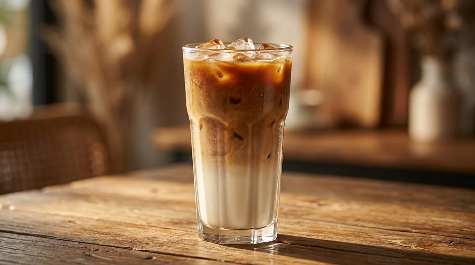 Iced latte with distinct layers of coffee and milk, topped with ice, on a rustic wooden table.