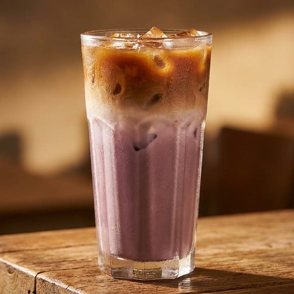 Iced purple latte with coffee and milk layers, served in a tall glass on a wooden table.