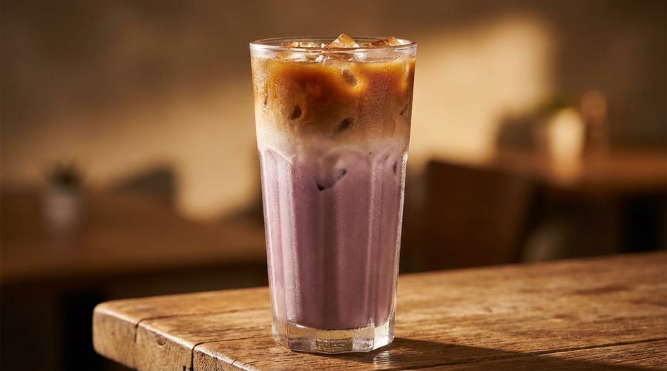 Iced purple latte with coffee and milk layers, served in a tall glass on a wooden table.