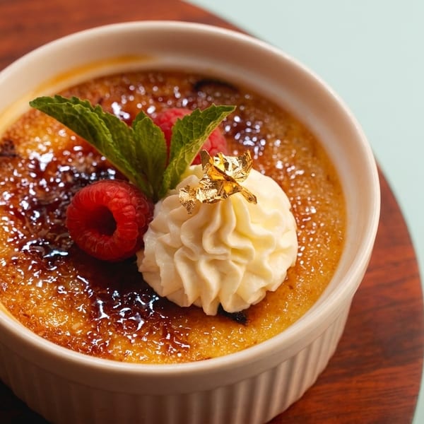 Crème brûlée in a ramekin, topped with whipped cream, gold leaf, raspberries, and mint.