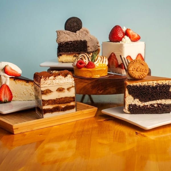Assortment of gourmet cake slices and pastries on a wooden table against a blue background.