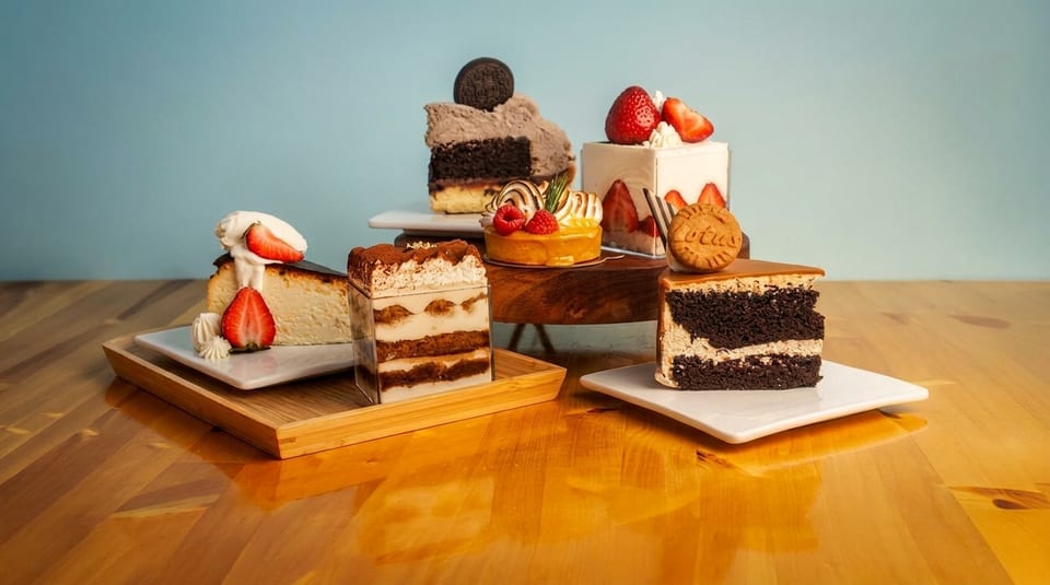 Assortment of gourmet cake slices and pastries on a wooden table against a blue background.