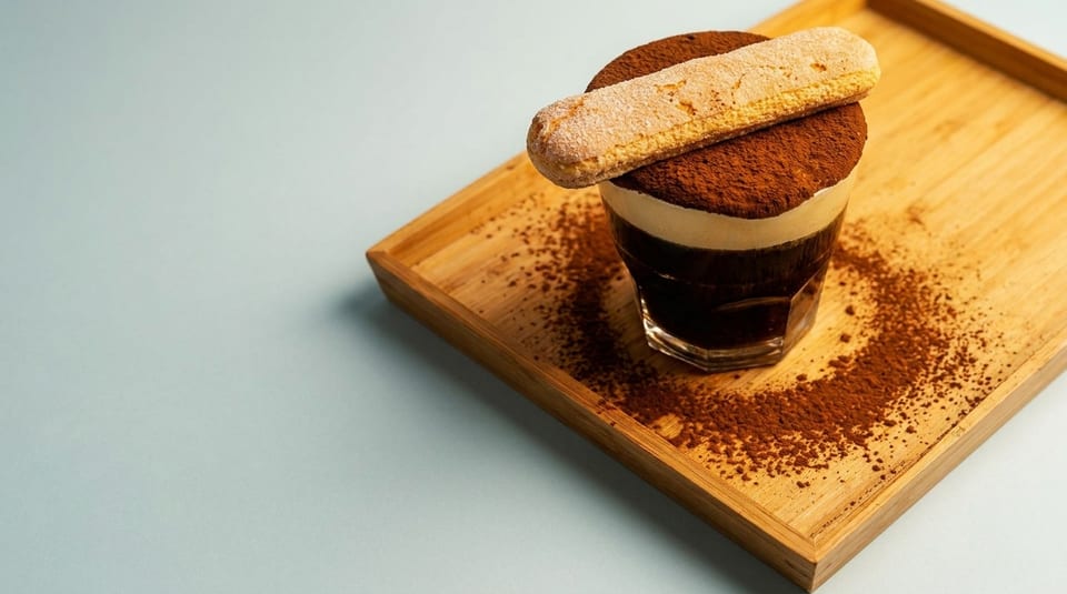 Tiramisu dessert in a glass, topped with cocoa powder and a ladyfinger, on a wooden tray.