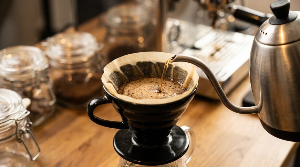 Pour-over coffee being brewed, with hot water from a gooseneck kettle filling a filter.