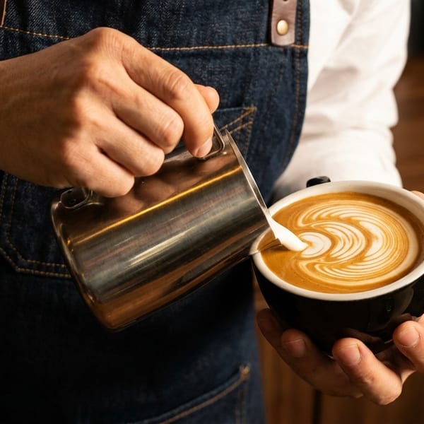 Barista pouring steamed milk into a black cup of coffee, creating latte art.