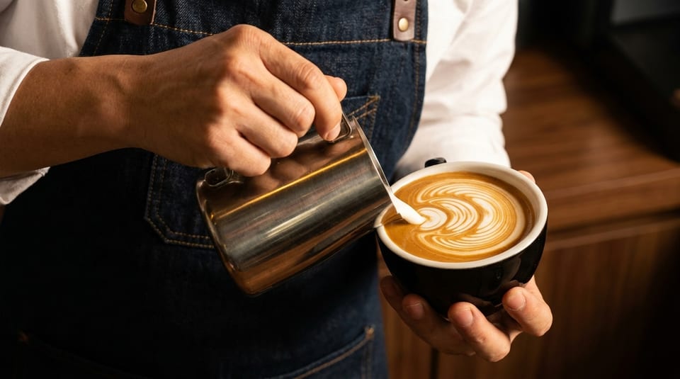 Barista pouring steamed milk into a black cup of coffee, creating latte art.