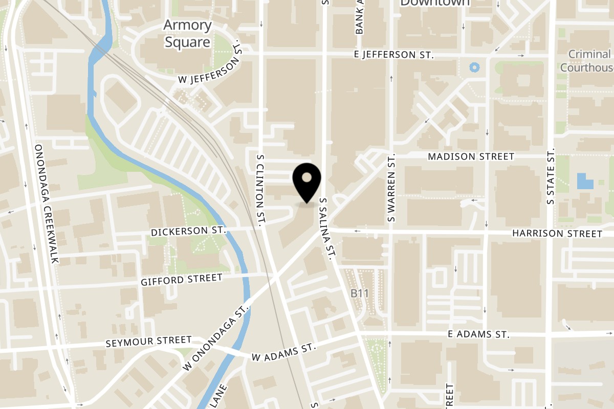 Map showing the location of Cake Bar Salt City Market on 484 S Salina St in Syracuse