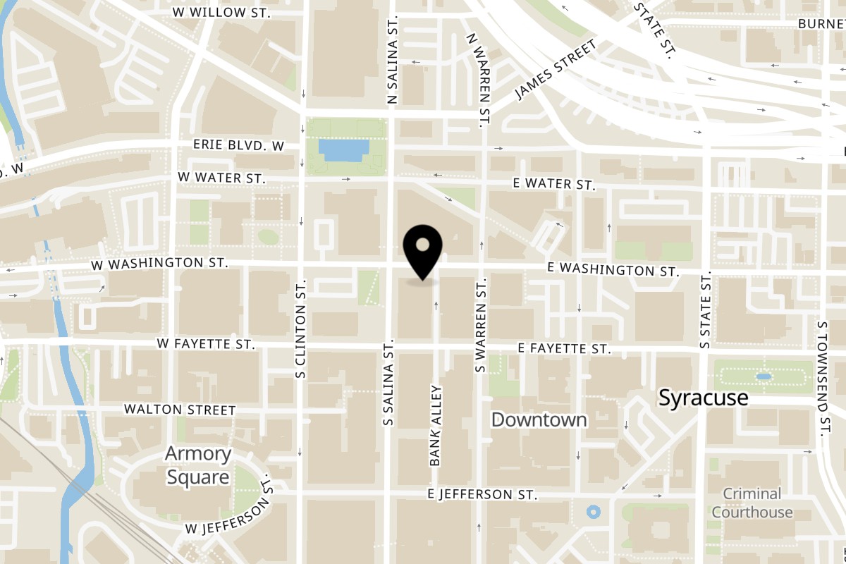 Map showing the location of Cake Bar Tea House on 108 E Washington St in Syracuse