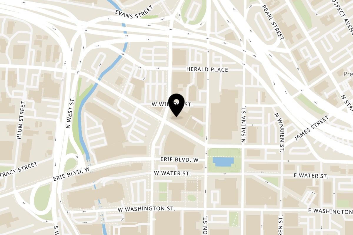 Map showing the location of Cake Bar The Cafe on 252 W Genesee St in Syracuse